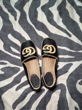 Gucci Black Espadrille Flats with Natural Woven Logo